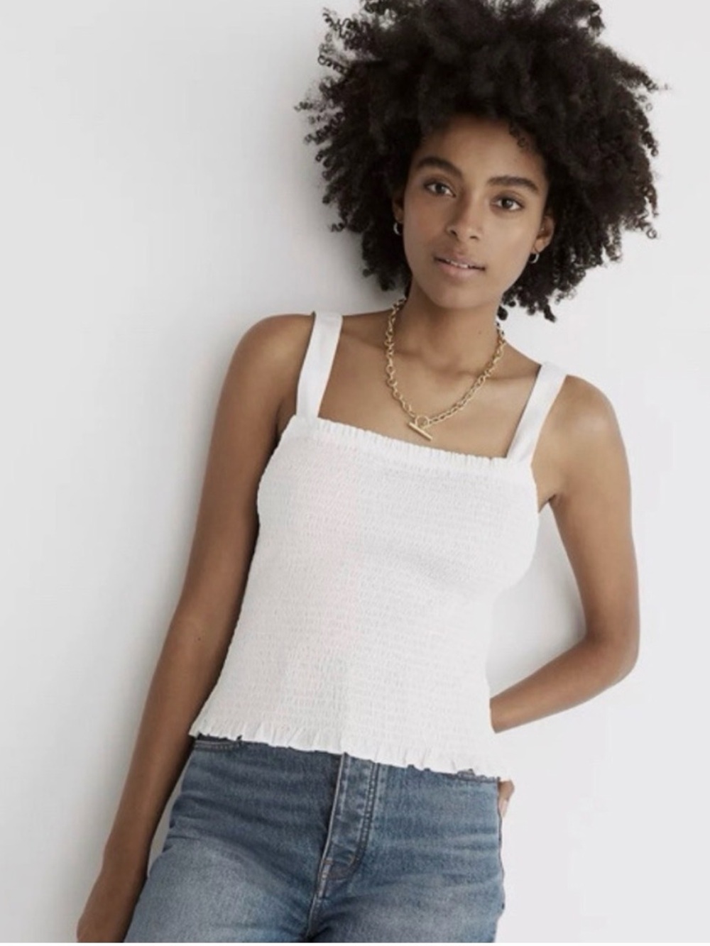 Madewell Lucie Smocked White Tank Top Blouse Ruffle Hem Boho Resort Size M NWT